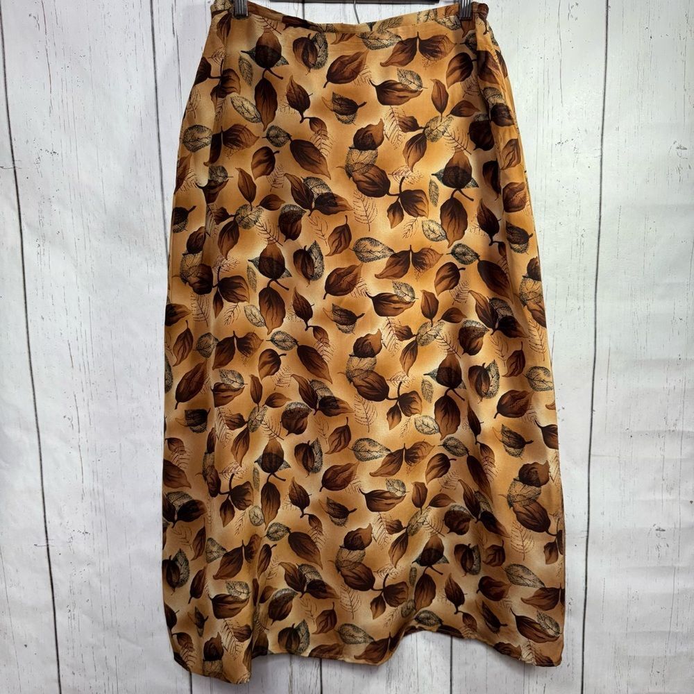 Vintage Silks Leaf Print Skirt 100% Silk Autumn Brown Botanical Cottagecore Boho